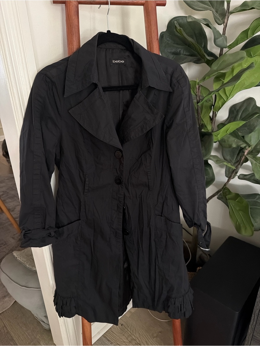 Vintage Y2K BEBE trench coat with ruffles and buckle trim